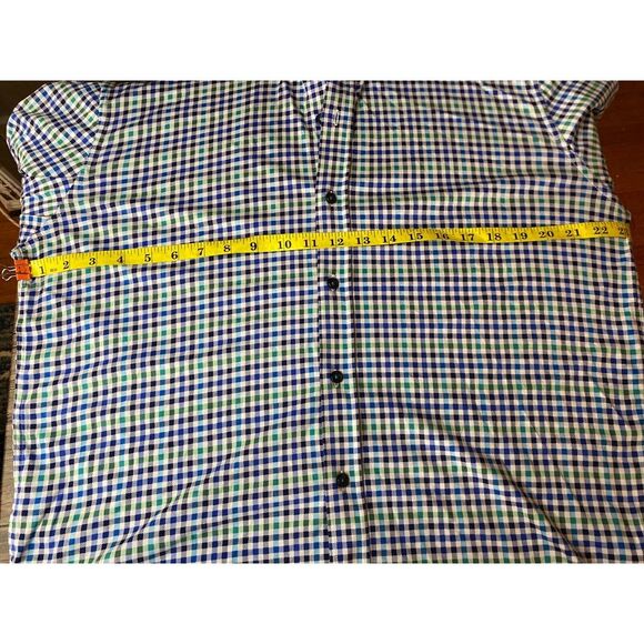 Butter Cloth Shirt Mens L Blue White Green Slim Plaid Button Long Sleeve Stretch - Picture 9 of 11
